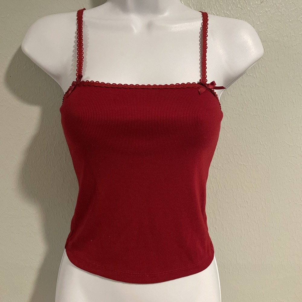 American Eagle Ae Women's Red Ribbed Knit Cami Tank‎ Top Tiny Bows Thin Strap Xs